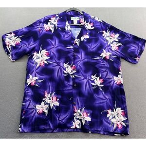 VTG Two Palms Hawaiian Shirt Mens XL Purple Floral Rayon Aloha Button Up
